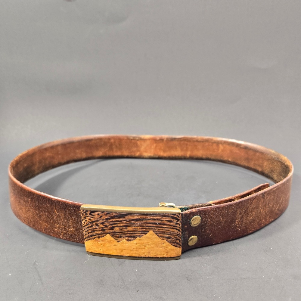 Kenneth Reid Albuquerque Brass Wood Mountain Inlay Leather Belt Vintage Brown